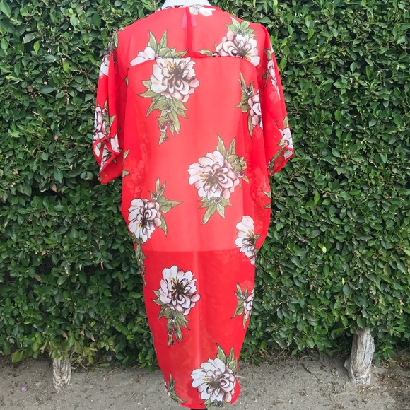 LIVE 4 TRUTH Tomato Red Kimono with Beige and green Floral Print (M) - Picture 3 of 9
